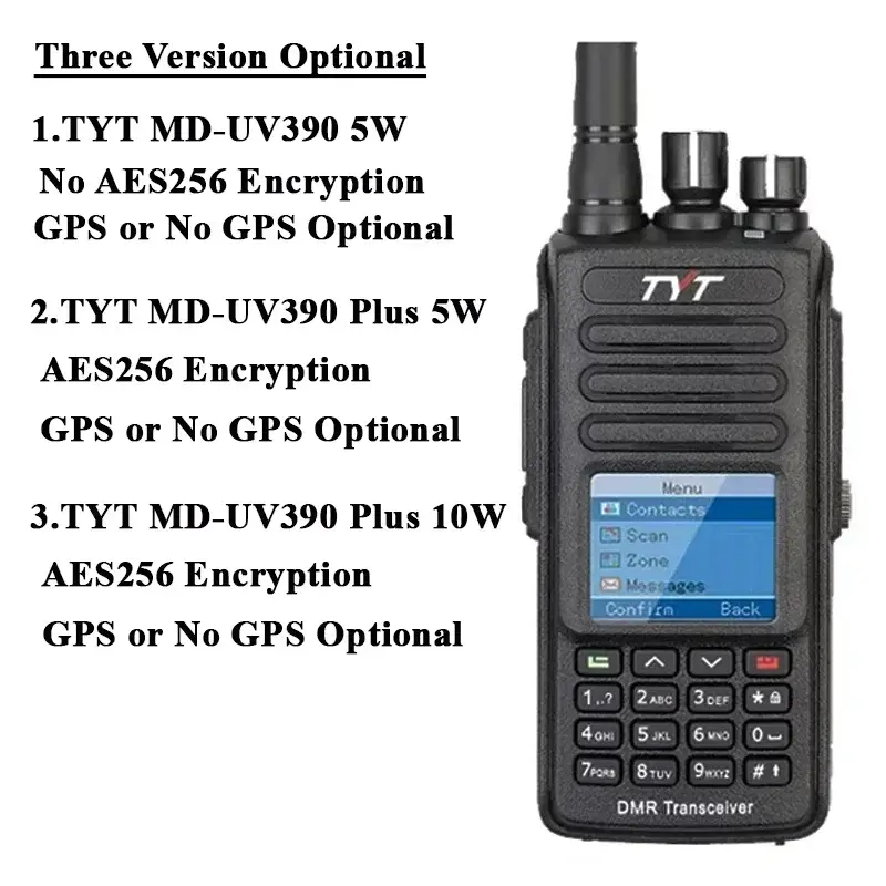 TYT MD-UV390 Plus Walkie Talkie 5W/10W GPS DMR Digital AES256 Encryption Optional IP67 Waterproof VHF UHF 3000 LCD MDUV390 Radio