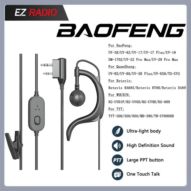 Baofeng Earpiece Headset Walkie Talkie Headphone 2-Pin K Type for UV-17 GPS UV-5RX UV-25L Quansheng UV-K6 UV-K5 CB Two Way Radio