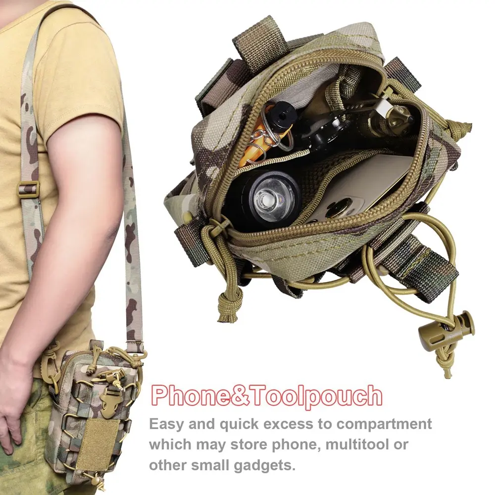Tactical EDC Belt Pouch Molle Bag Organizer Waist Pouch for Hiking Mobile Phone Water Bottle Kettle Carrier with Shoulder Strap