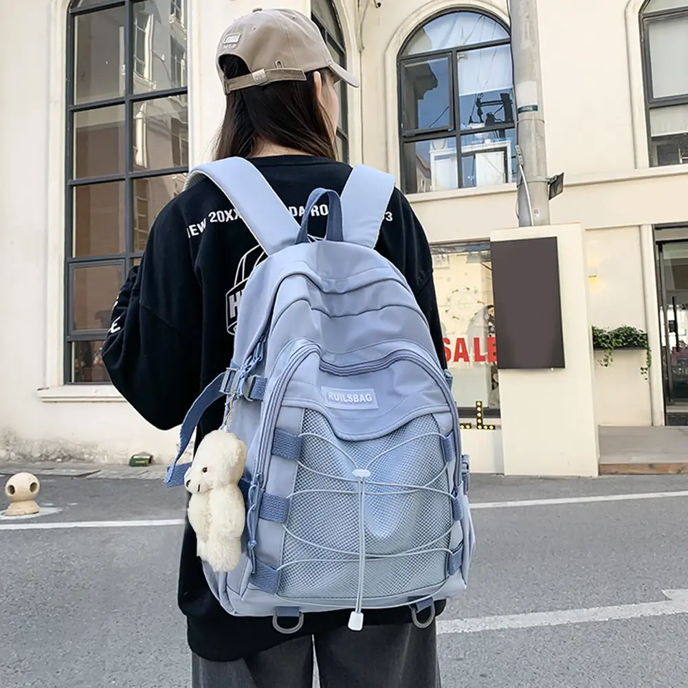 Solid Color Outdoor Backpack Multi-Pocket Unisex College Bookbag Solid Color Adjustable Shoulder Strap for Hiking Travel Camping