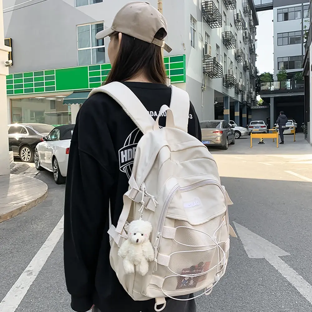 Solid Color Outdoor Backpack Multi-Pocket Unisex College Bookbag Solid Color Adjustable Shoulder Strap for Hiking Travel Camping