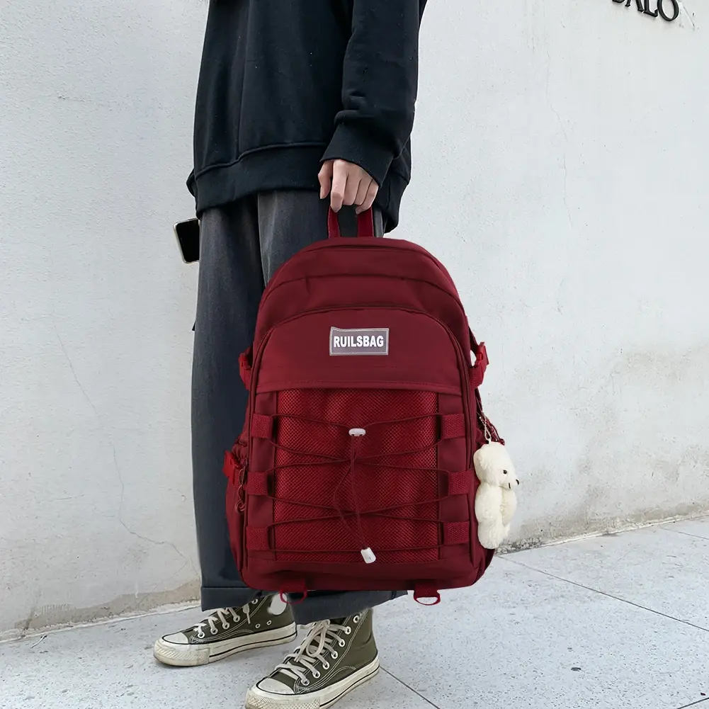 Solid Color Outdoor Backpack Multi-Pocket Unisex College Bookbag Solid Color Adjustable Shoulder Strap for Hiking Travel Camping