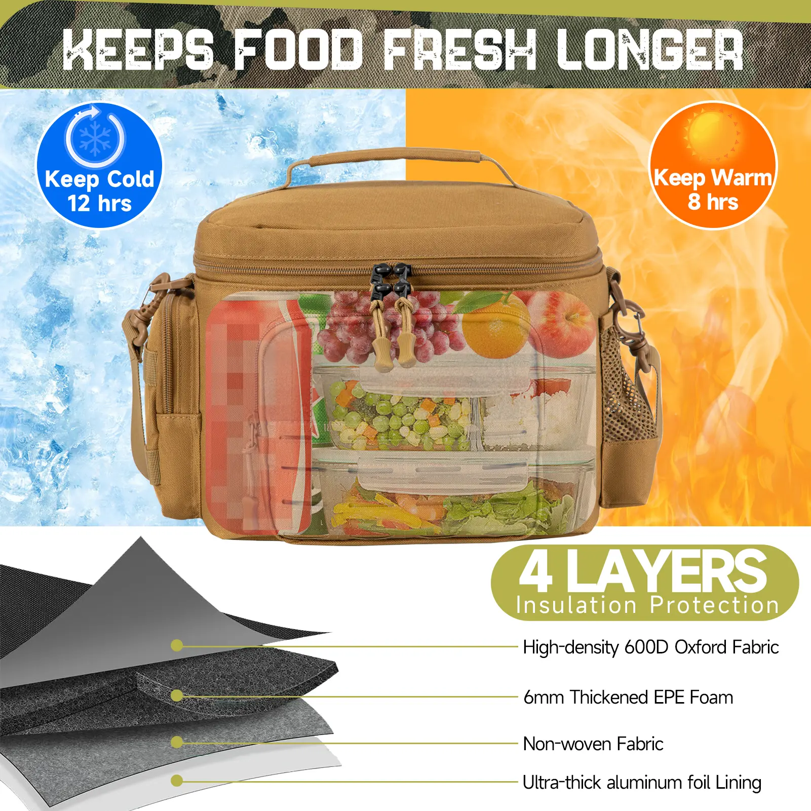 Tactical Lunch Bag for Men Outdoor Heavy Duty Lunch Box Meal Camping Picnic Work Leakproof Insulated Durable Thermal Cooler Bag