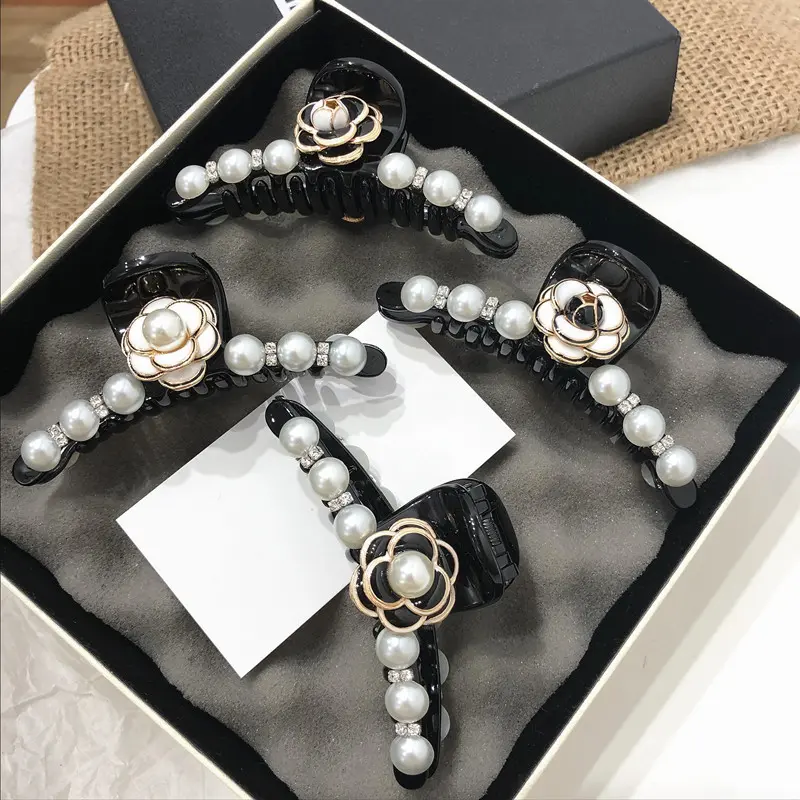 Elegant Camellia Pearl Hair Claws Clips Hairgrips For Women 2024 Rose Flower Rhinestone Acrylic Hair Accessories Clamp Wholesale