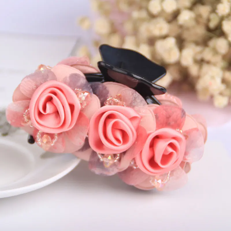 Elegant Ladies Rose Flower Hair Claws Hairgrips Hair Clips Crystal Floral Hairpin Girls Women Wedding Headpiece Hair Accessories