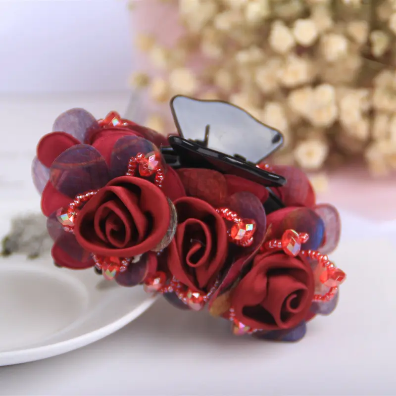 Elegant Ladies Rose Flower Hair Claws Hairgrips Hair Clips Crystal Floral Hairpin Girls Women Wedding Headpiece Hair Accessories