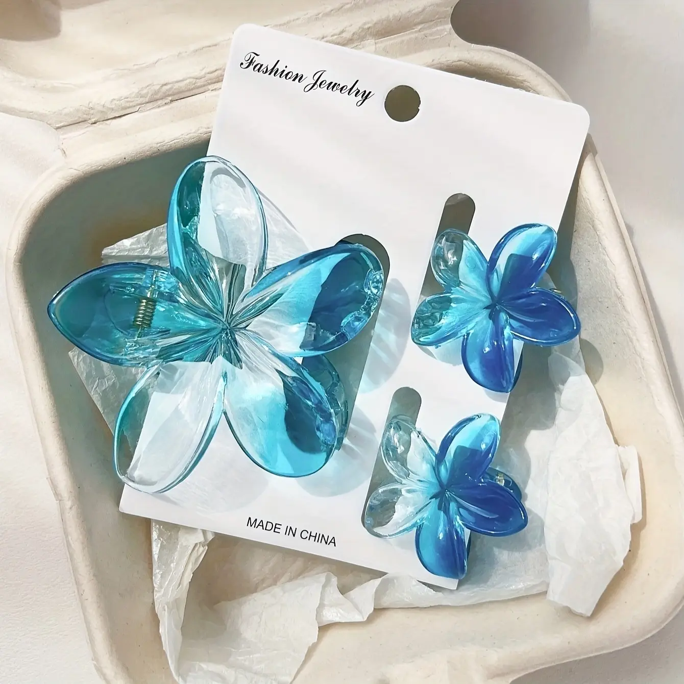 3Pcs/Set Tropical Frangipani Hair Claw Clips Glossy Ombre Translucent Aqua Blue Boho Beach Elegant Hair Accessories for Women