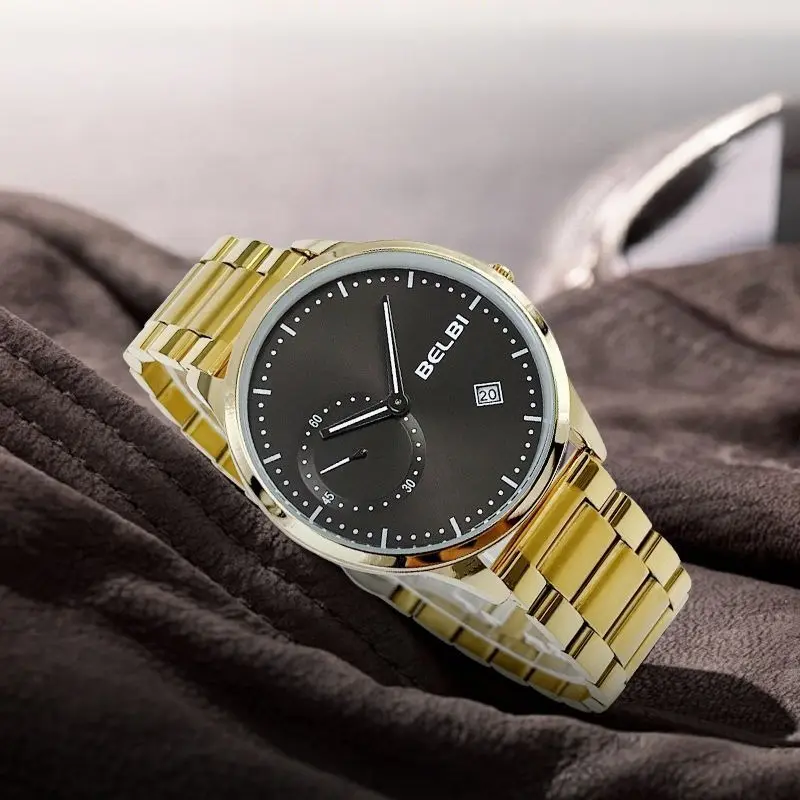 Business Man's Quartz Wristwatch Minimalist Gold Chronograph Sport Watch Stainless Steel Waterproof Strap Men's Watch
