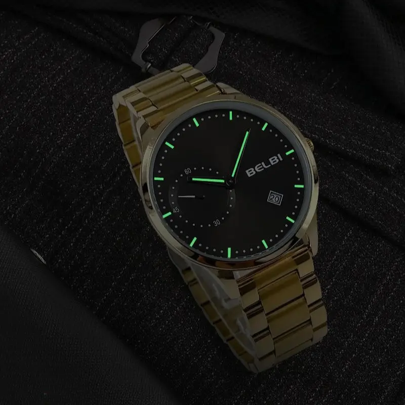Business Man's Quartz Wristwatch Minimalist Gold Chronograph Sport Watch Stainless Steel Waterproof Strap Men's Watch