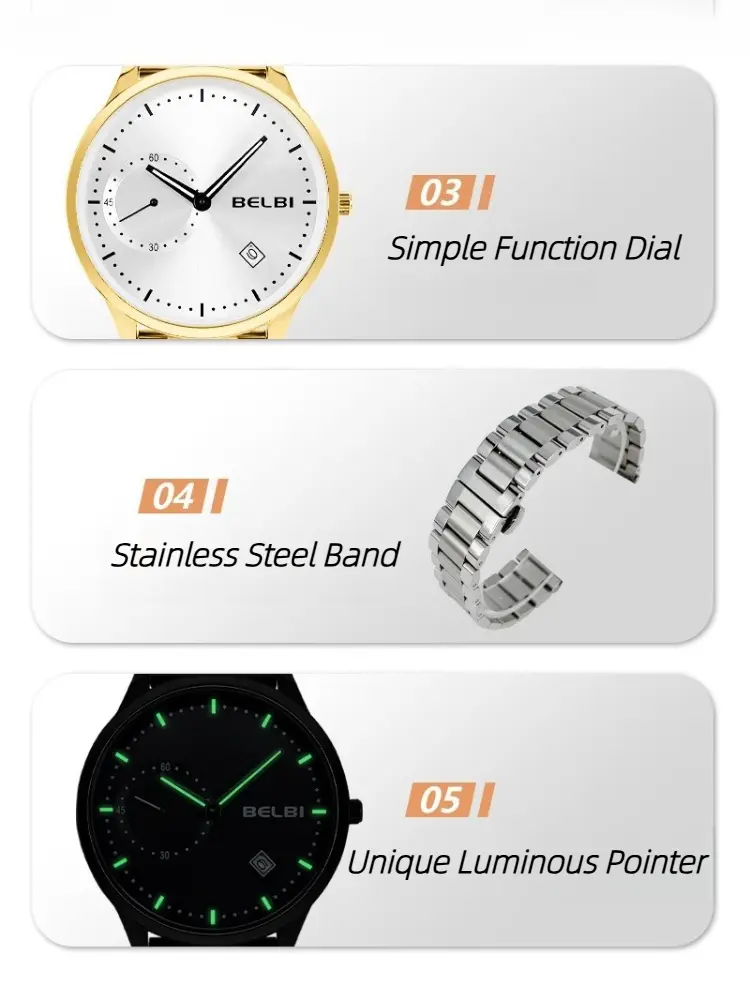 Business Man's Quartz Wristwatch Minimalist Gold Chronograph Sport Watch Stainless Steel Waterproof Strap Men's Watch