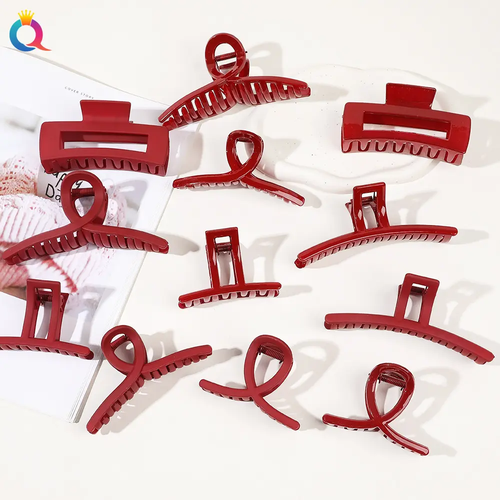 Burgundy Color Wine Red Acrylic Hair Claws for Women Lady Headwear Cross Geometric Shark Clips Every Day Hair Accessories