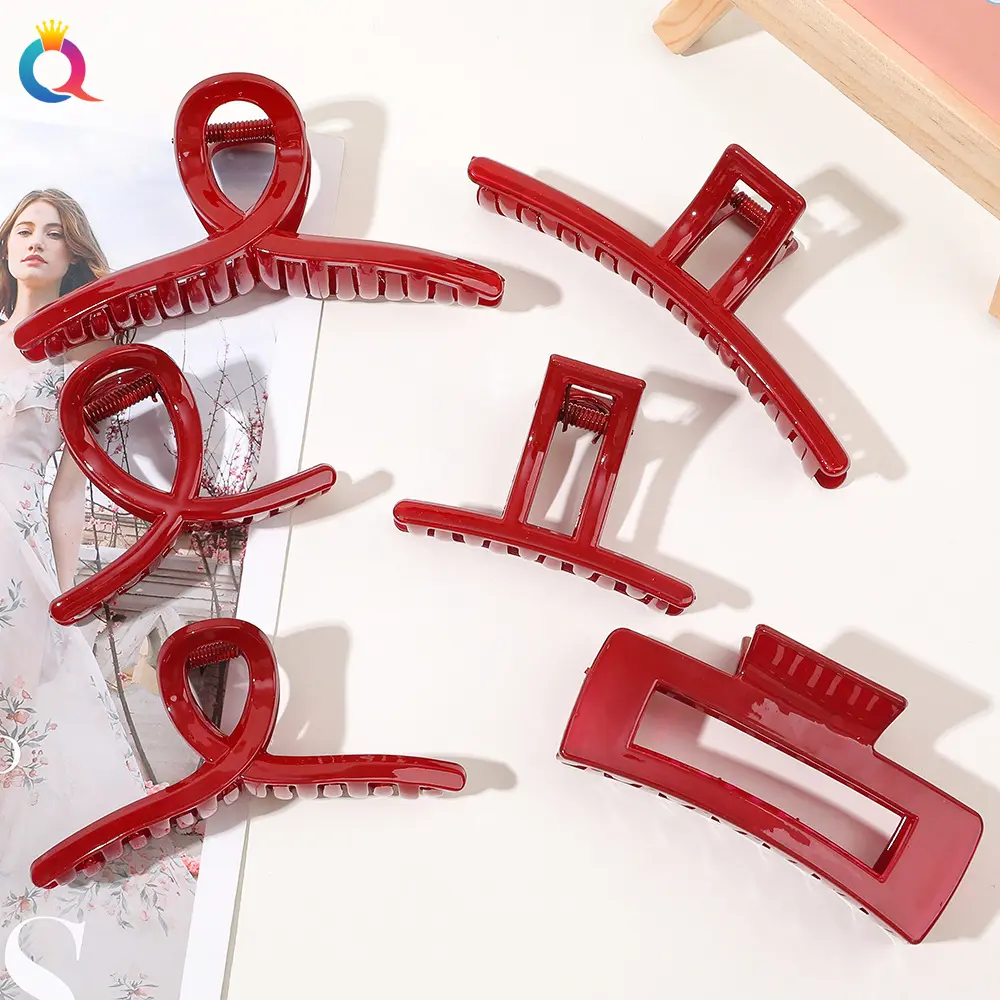 Burgundy Color Wine Red Acrylic Hair Claws for Women Lady Headwear Cross Geometric Shark Clips Every Day Hair Accessories