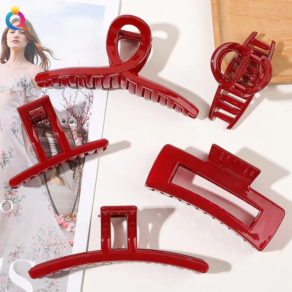 Burgundy Color Wine Red Acrylic Hair Claws for Women Lady Headwear Cross Geometric Shark Clips Every Day Hair Accessories