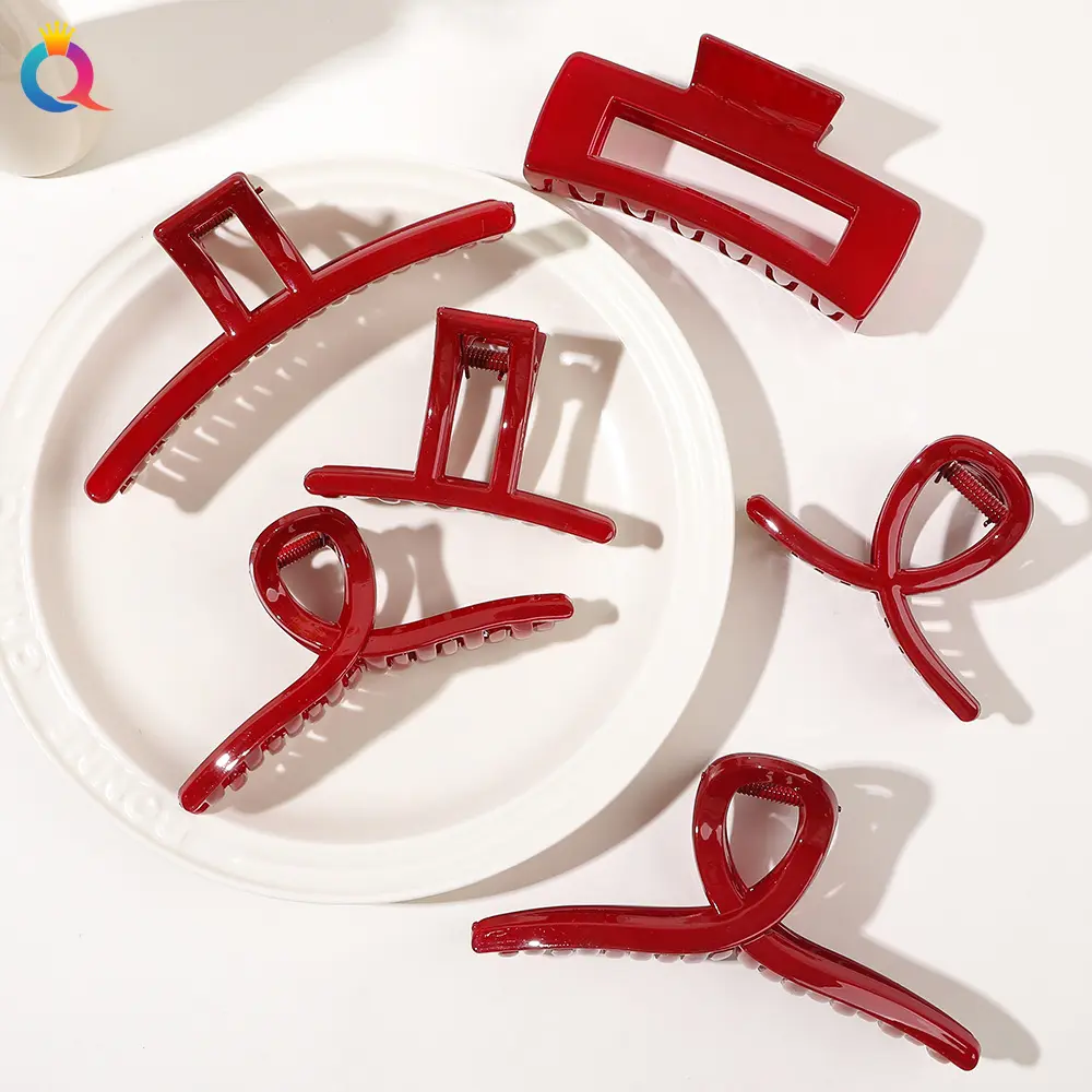 Burgundy Color Wine Red Acrylic Hair Claws for Women Lady Headwear Cross Geometric Shark Clips Every Day Hair Accessories