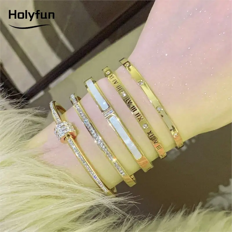 Classic Bracelet Design Gold Color Waterproof Stainless Steel Luxury Brand Sparkling Zircon Bangles for Women Gift Jewelry