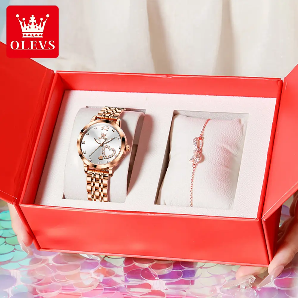 OLEVS 5189 Women Watch Luxury Stainless Steel Quartz Wristwatch Waterproof Luminous Ladies Watch Bracelet Set Gifts Heart Dial