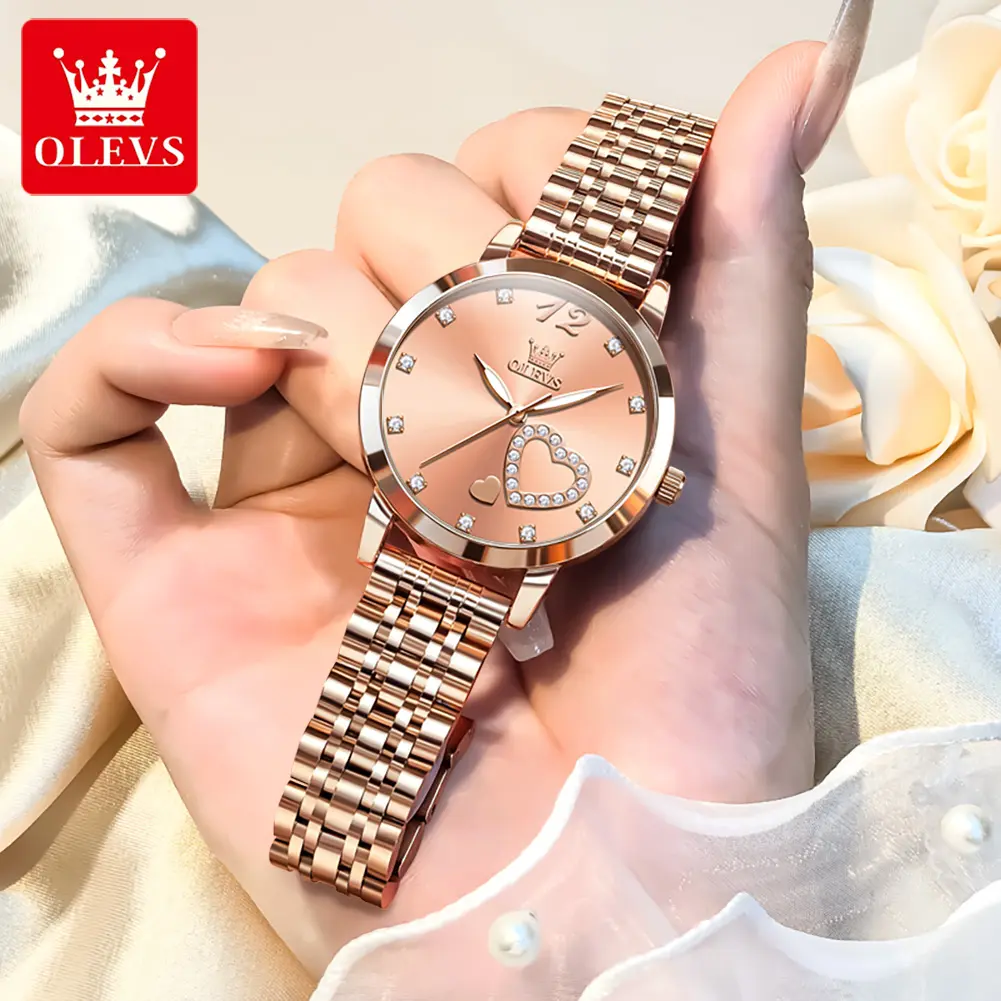 OLEVS 5189 Women Watch Luxury Stainless Steel Quartz Wristwatch Waterproof Luminous Ladies Watch Bracelet Set Gifts Heart Dial
