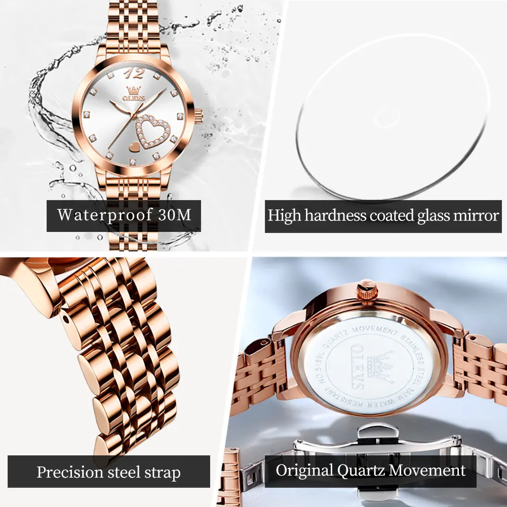 OLEVS 5189 Women Watch Luxury Stainless Steel Quartz Wristwatch Waterproof Luminous Ladies Watch Bracelet Set Gifts Heart Dial
