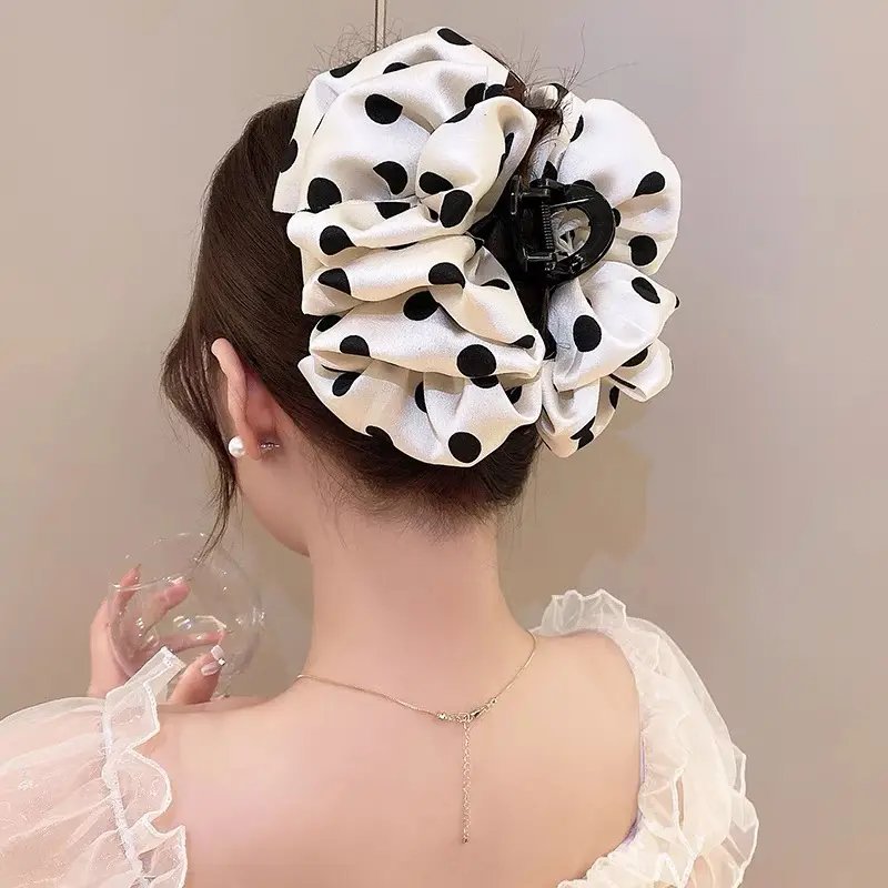 AWAYTR Wrinkled Polka Dots Hair Claws Elegant Satin Hair Clips Crab For Girl Gift Hair Accessories Festival Headwear