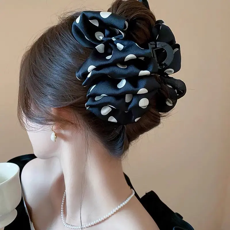 AWAYTR Wrinkled Polka Dots Hair Claws Elegant Satin Hair Clips Crab For Girl Gift Hair Accessories Festival Headwear