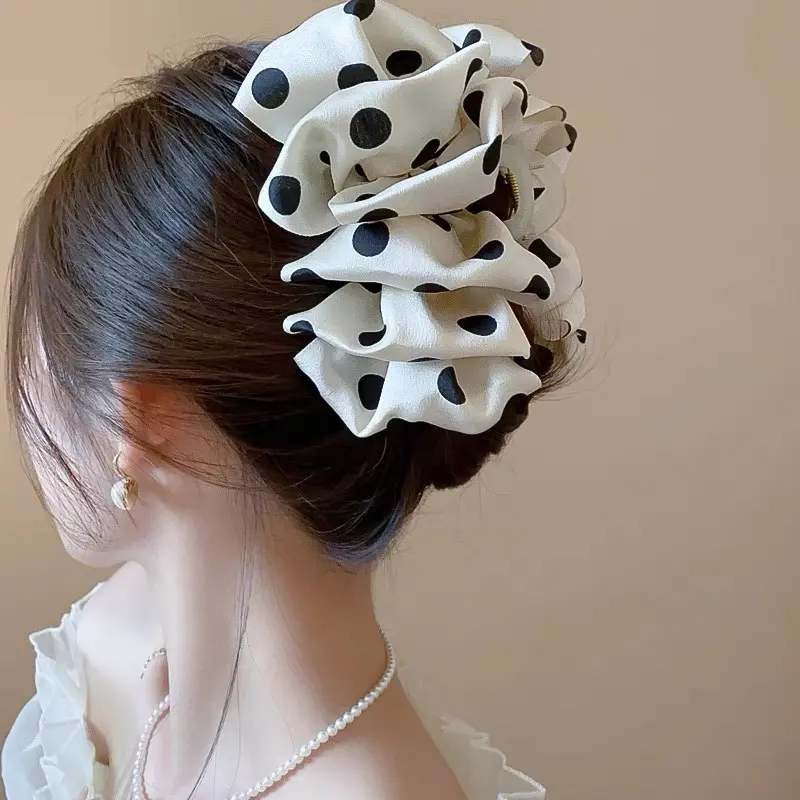 AWAYTR Wrinkled Polka Dots Hair Claws Elegant Satin Hair Clips Crab For Girl Gift Hair Accessories Festival Headwear