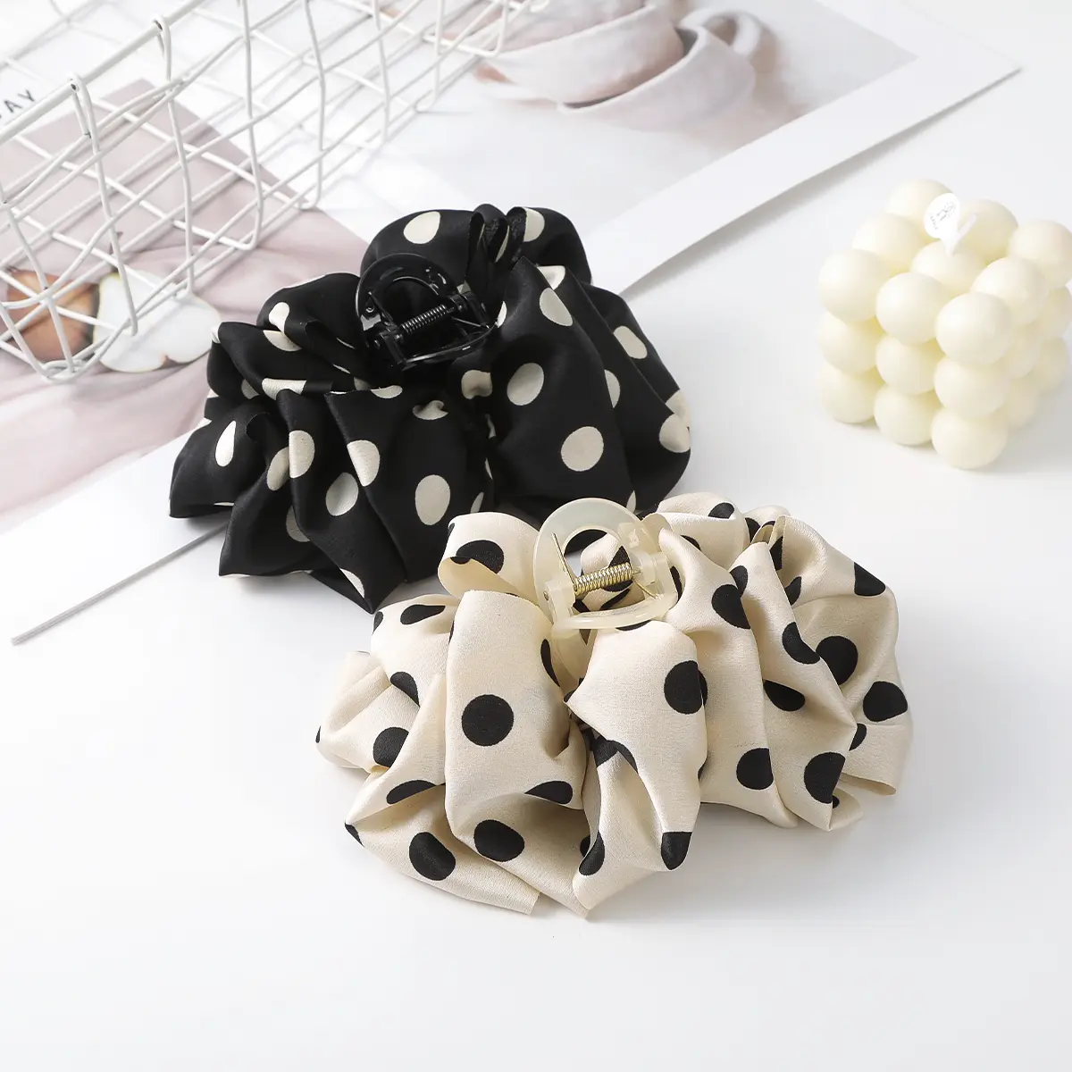 AWAYTR Wrinkled Polka Dots Hair Claws Elegant Satin Hair Clips Crab For Girl Gift Hair Accessories Festival Headwear