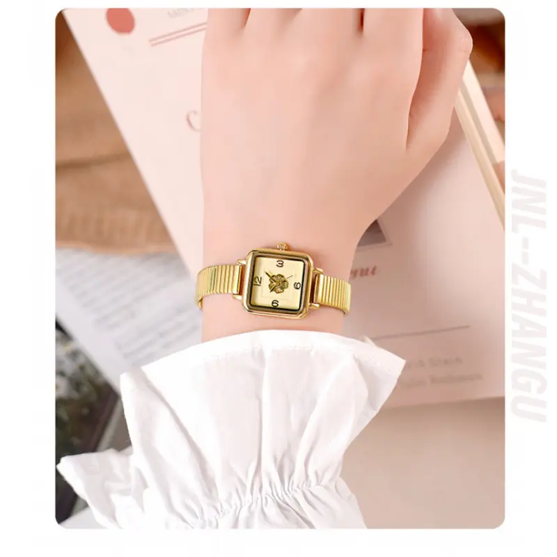 ZHANGU Exquisite Artistic Camellia Square Net Red French Retro Bamboo Joint with Waterproof Quartz Women's Watch