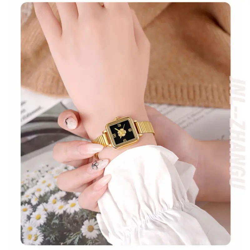ZHANGU Exquisite Artistic Camellia Square Net Red French Retro Bamboo Joint with Waterproof Quartz Women's Watch