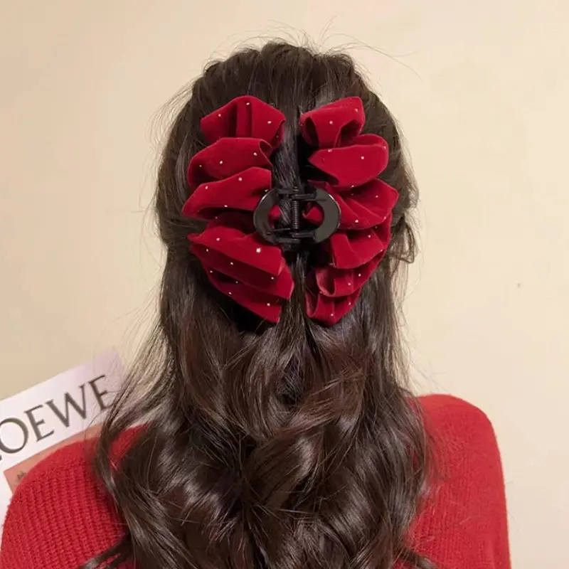 Elegant Large Solid Color Velvet Diamond-Studded Bow Hair Clips Women Girl Hair Claws Hairpin Headdress Hair Accessories