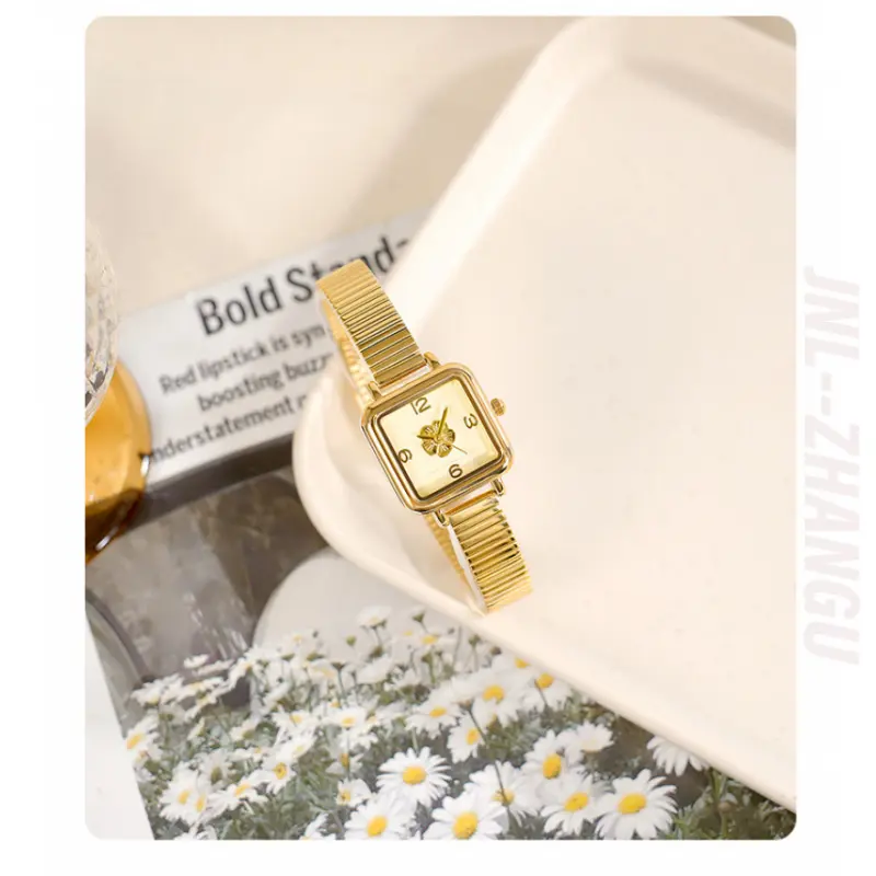 ZHANGU Exquisite Artistic Camellia Square Net Red French Retro Bamboo Joint with Waterproof Quartz Women's Watch