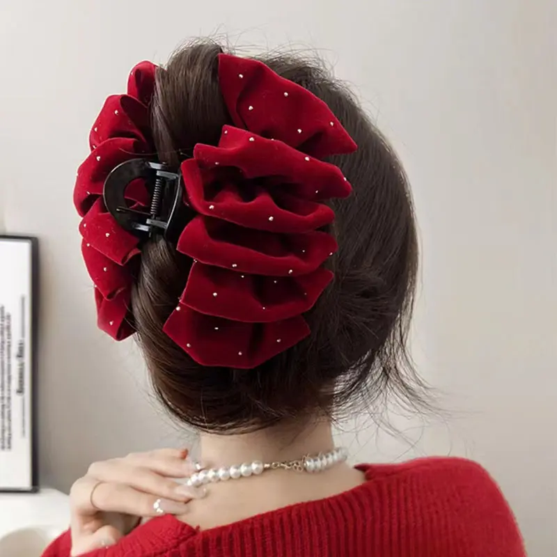 Elegant Large Solid Color Velvet Diamond-Studded Bow Hair Clips Women Girl Hair Claws Hairpin Headdress Hair Accessories
