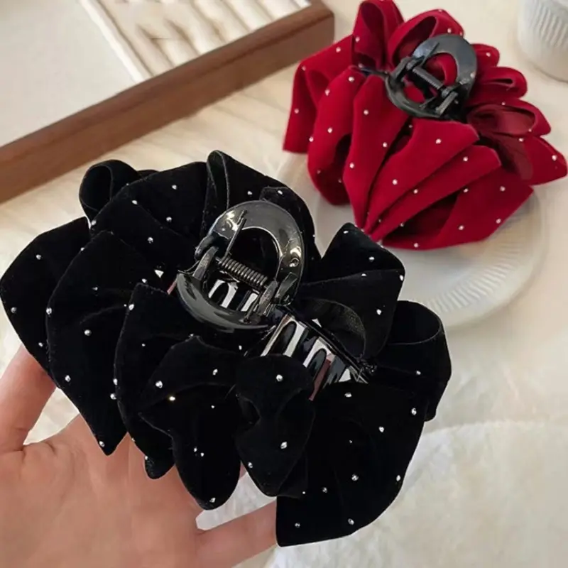 Elegant Large Solid Color Velvet Diamond-Studded Bow Hair Clips Women Girl Hair Claws Hairpin Headdress Hair Accessories