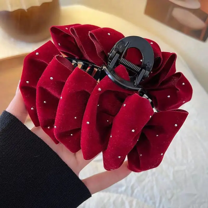 Elegant Large Solid Color Velvet Diamond-Studded Bow Hair Clips Women Girl Hair Claws Hairpin Headdress Hair Accessories