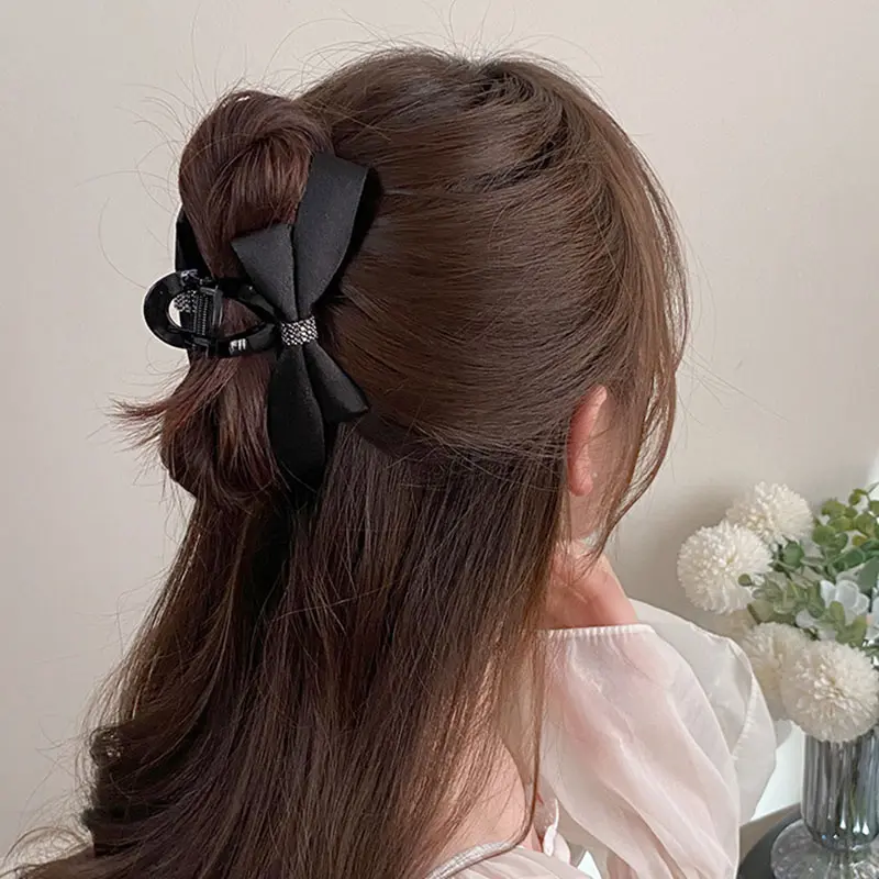 Fashionable Satin Rhinestone Hair Claw for Women Hairpin Hair Clip Headwear Accessories High Quality Black Bowknot Barrettes