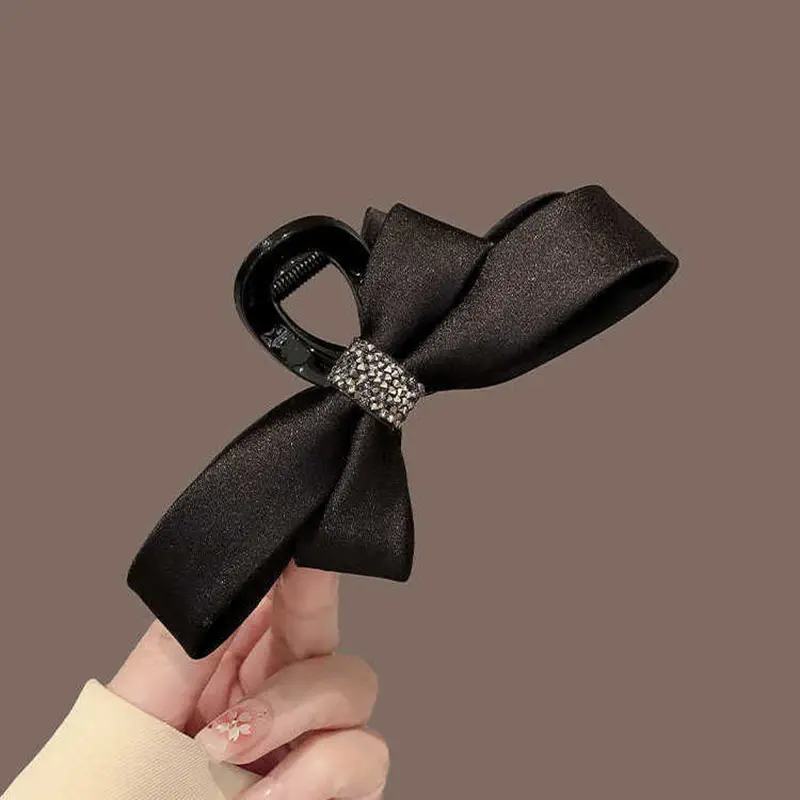 Fashionable Satin Rhinestone Hair Claw for Women Hairpin Hair Clip Headwear Accessories High Quality Black Bowknot Barrettes