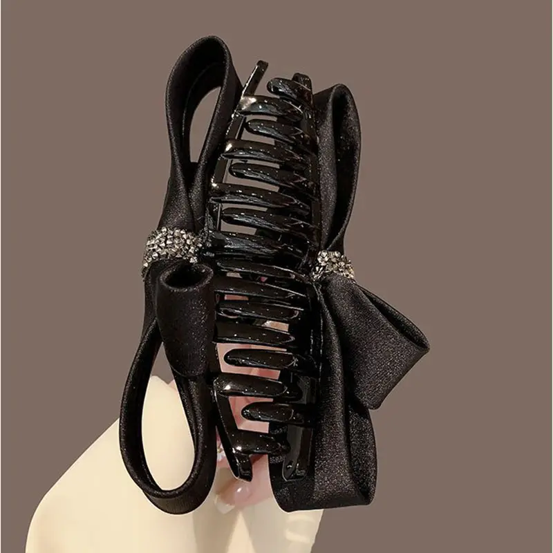 Fashionable Satin Rhinestone Hair Claw for Women Hairpin Hair Clip Headwear Accessories High Quality Black Bowknot Barrettes