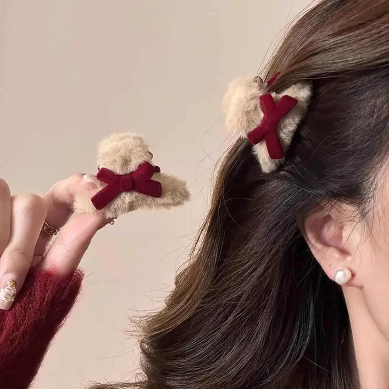 Plush Small Hair Clip Bow Sweet High Ponytail Claw Clip Temperament Hairpin Temperament Simple Fashion Girls Hair Accessories