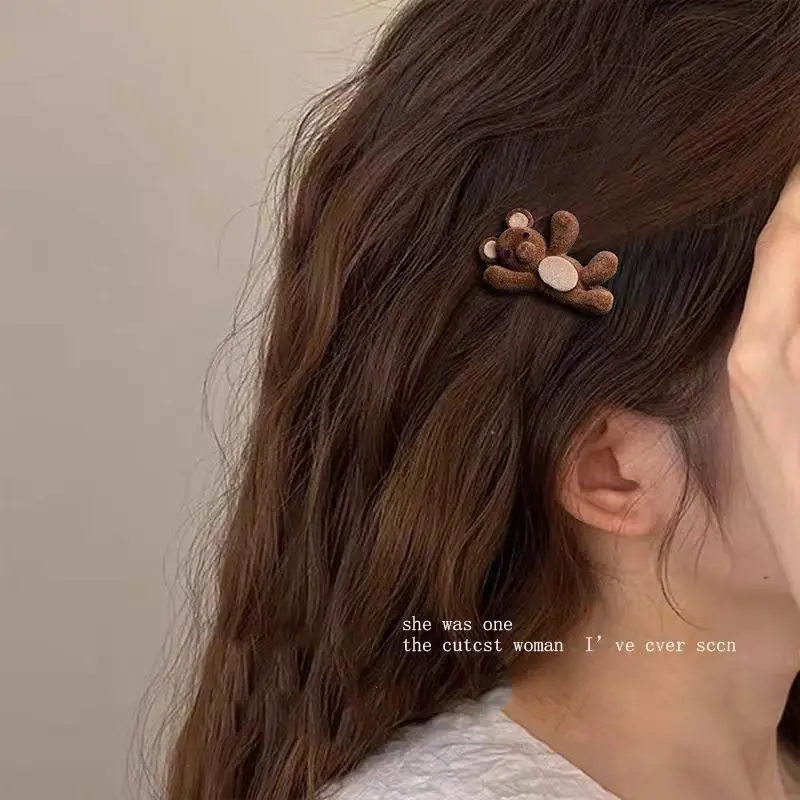 Cute Flocking Cartoon Bear Metal Hairpin For Women Girls Sweet Hair Ornament Side Hair Clip Barrette Fashion Hair Accessories.