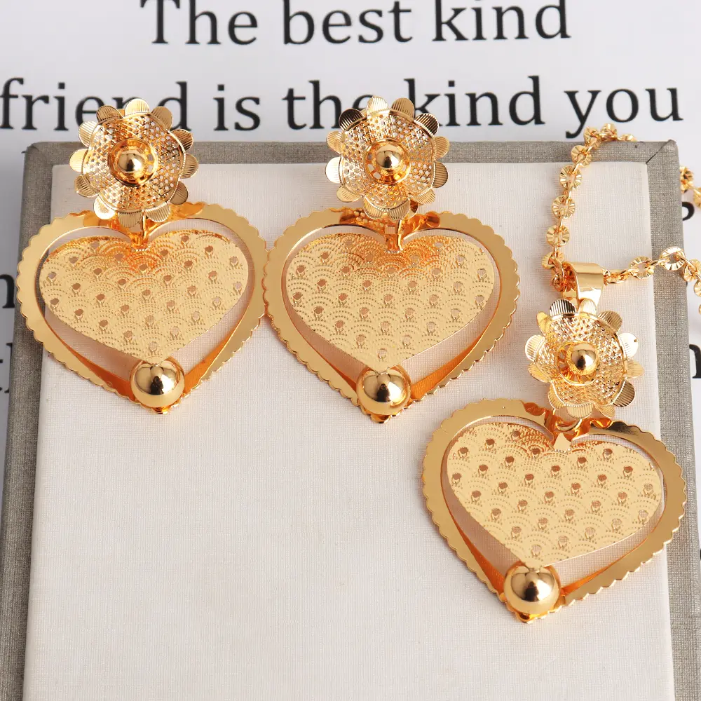 African Gold Color Women Necklace and Earrings Trend Dubai Flower Hollow Out Jewelry Set Gift For Party Wedding Daily Accessorie
