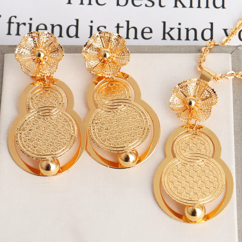 African Gold Color Women Necklace and Earrings Trend Dubai Flower Hollow Out Jewelry Set Gift For Party Wedding Daily Accessorie