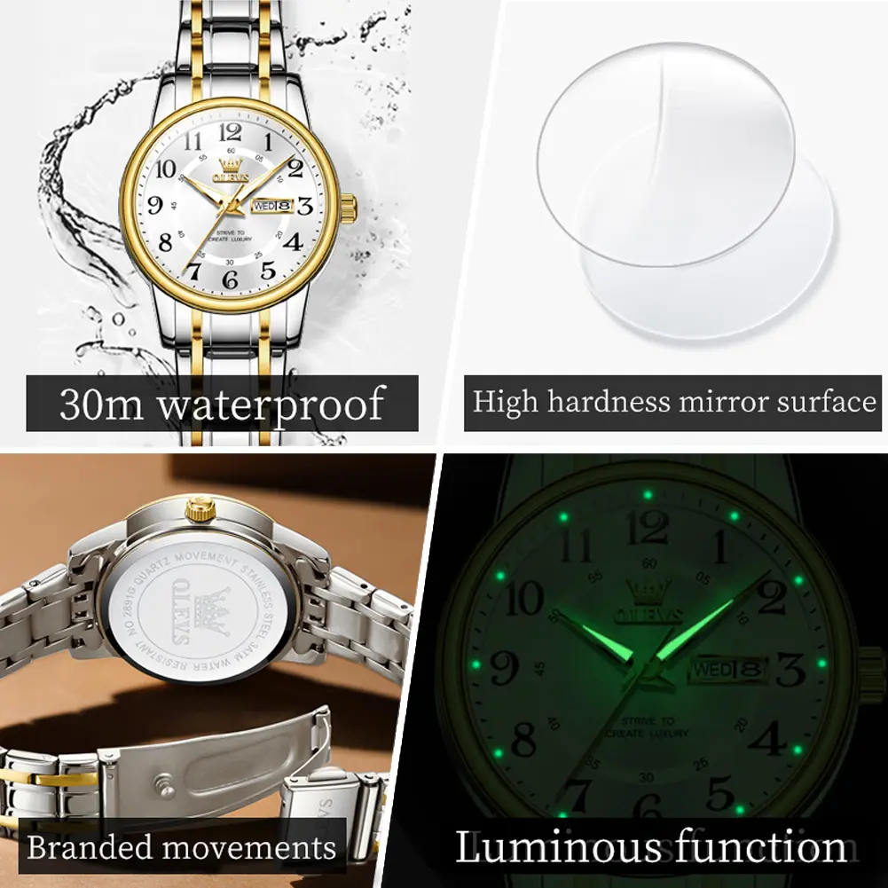 OLEVS 2891 Woman Watch Waterproof Luminous Quartz Wristwatch Day Date Watch Bracelet Set Genuine Product Gift Box Original Reloj