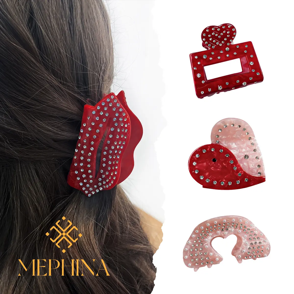 MEPHINA Valentine's Day Hair Claw Clips Lip Hair Claws Heart Hair Clips Classy Diamond-studded Hair Claws Accessories for Women
