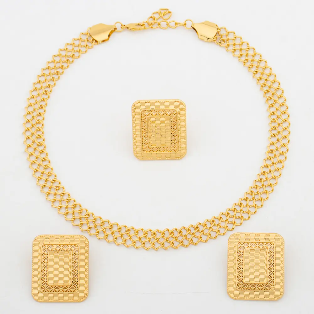 Luxury Gold Color Jewelry Set for Party African Square Design Earrings and Necklace Weddings Bride Jewellery Accessories Gifts
