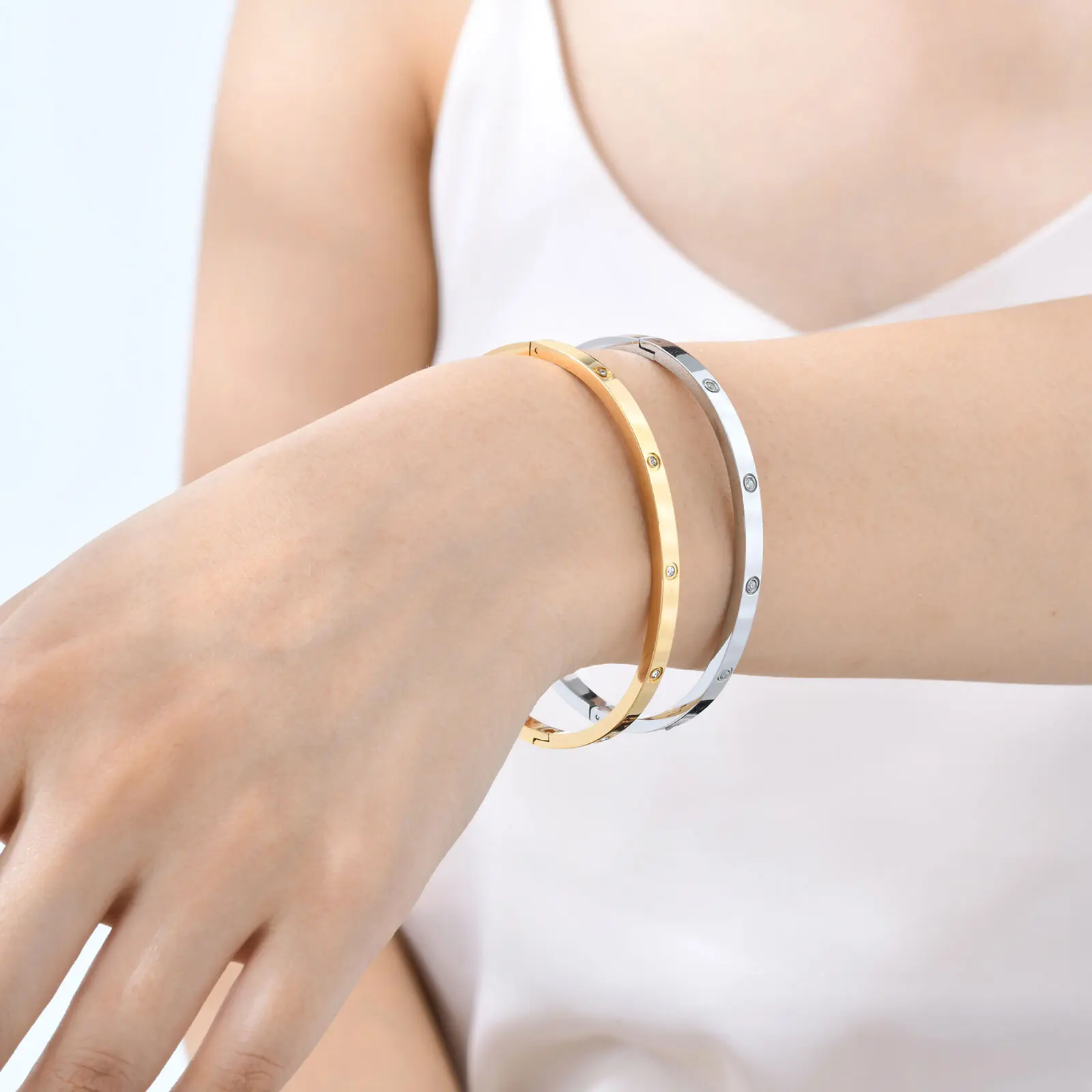 Vnox Waterproof Luxury Bangles Round Zircon For Women,Stainless Steel Classic Wrist Bracelets,Hand Jewelry Mother's Day Card