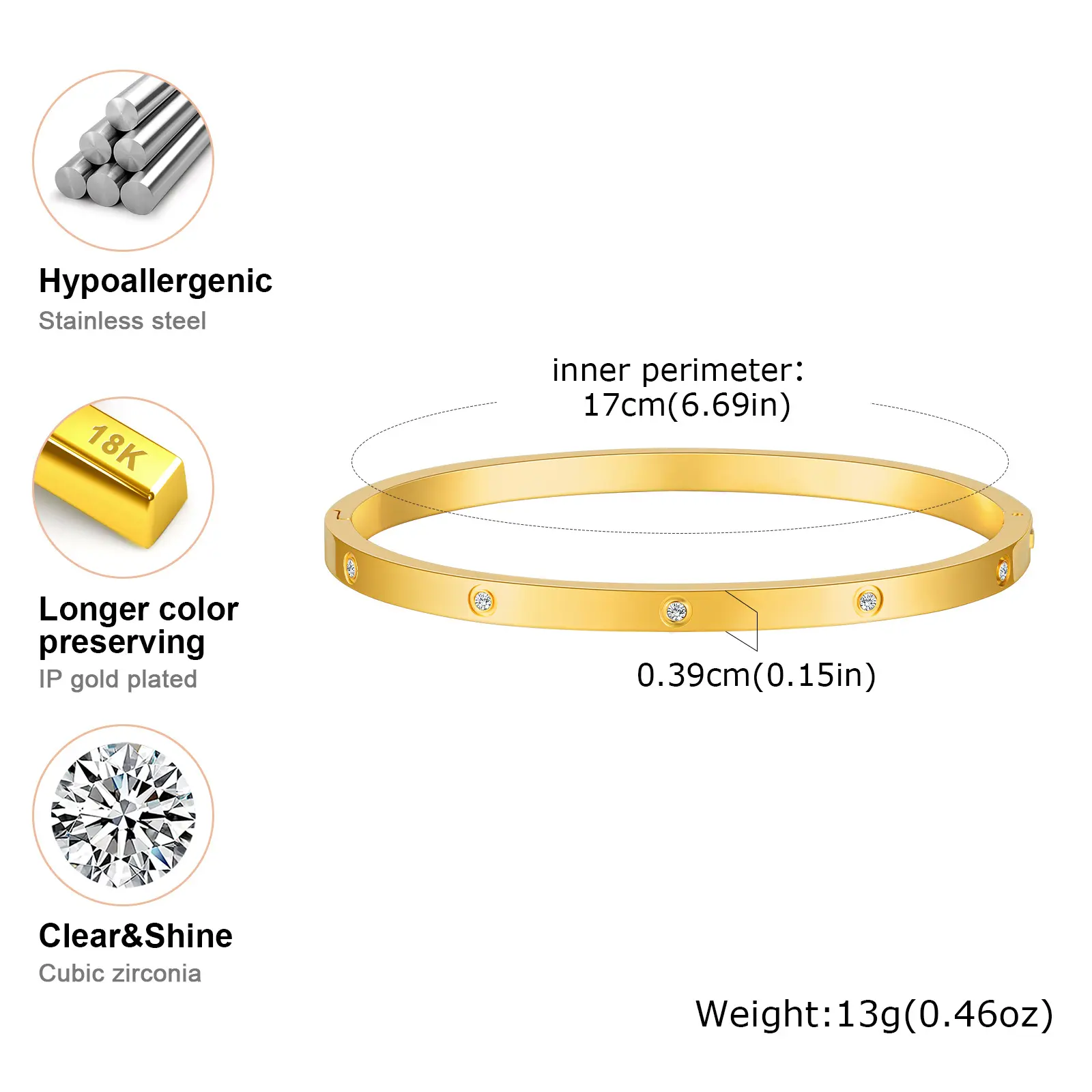 Vnox Waterproof Luxury Bangles Round Zircon For Women,Stainless Steel Classic Wrist Bracelets,Hand Jewelry Mother's Day Card