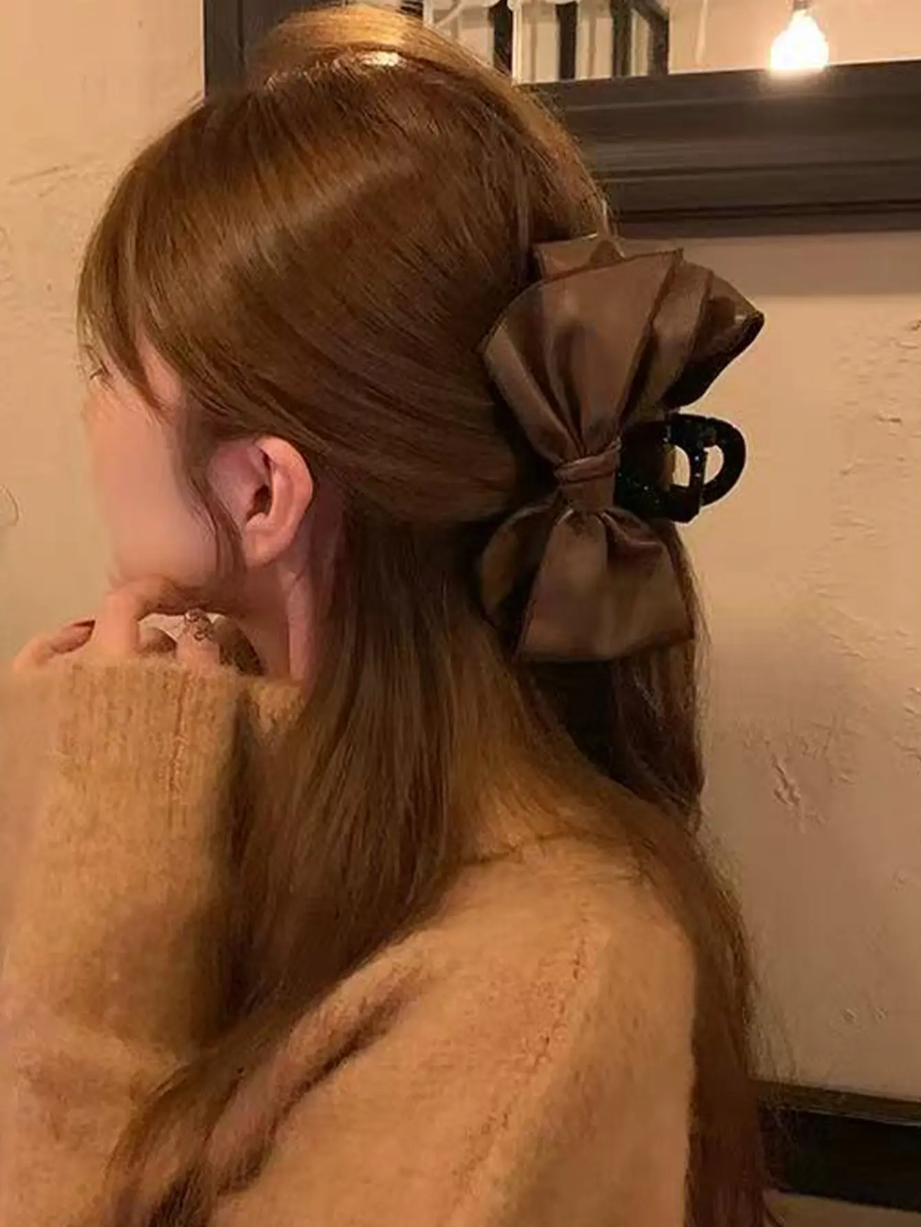 1 Pcs Black Leather Cotton Stuffing Bow Claw Clip,Large Jaw Clips for Thick Hair,No-slip Fashion Winter Hair Accessory for Girls