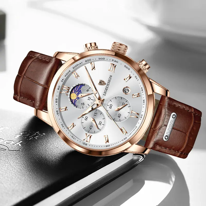 LIGE Luxury Fashion Women Watch Leather Strap Waterproof Casual Sport Quartz Wristwatch 24 hour Moon Phase Clock Watch for Women