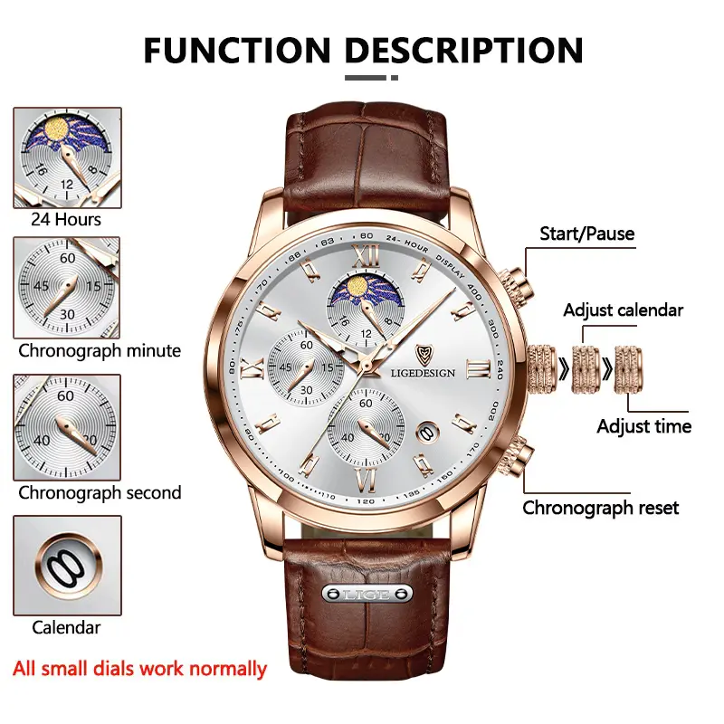 LIGE Luxury Fashion Women Watch Leather Strap Waterproof Casual Sport Quartz Wristwatch 24 hour Moon Phase Clock Watch for Women
