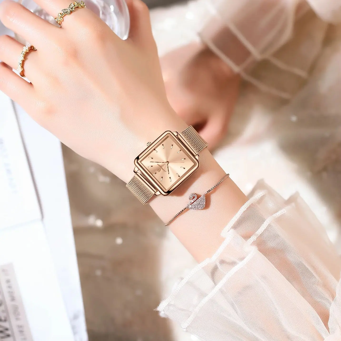 POEDAGAR Fashion Ladies Watch Waterproof Square Elegant Watch For Woman Mesh Stainless Steel Quartz Women's Watches Female Reloj
