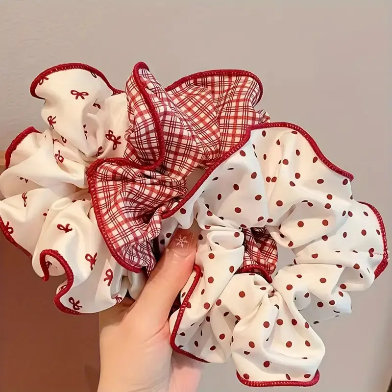 2/3pcs High End Red Cute Dot Plaid Scrunchies for Women Girls Soft Elastic Hair Ties Gentle Hair Bands Fashion Hair Accessories